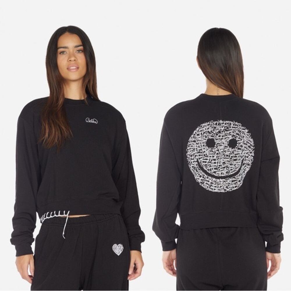 NWOT LAUREN MOSHI Sweatshirt XS Black Graphic White-Embroidery”Happy-face”Long-S